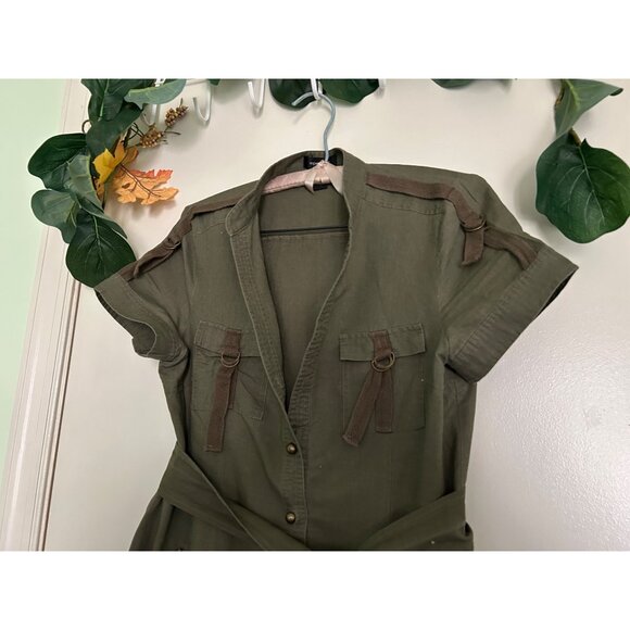SPENSE Army Green Shirt Dress Sz 10 LINEN Blended Belted Pockets Vneck Short Sle - Picture 5 of 8